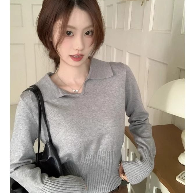 秋冬新款温柔风软糯奶系小个子打底灰色针织衫短款毛衣内搭上衣潮