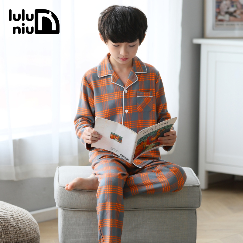 噜噜牛儿童睡衣男孩春秋纯棉长袖中大童青少年全棉男童品质家居服