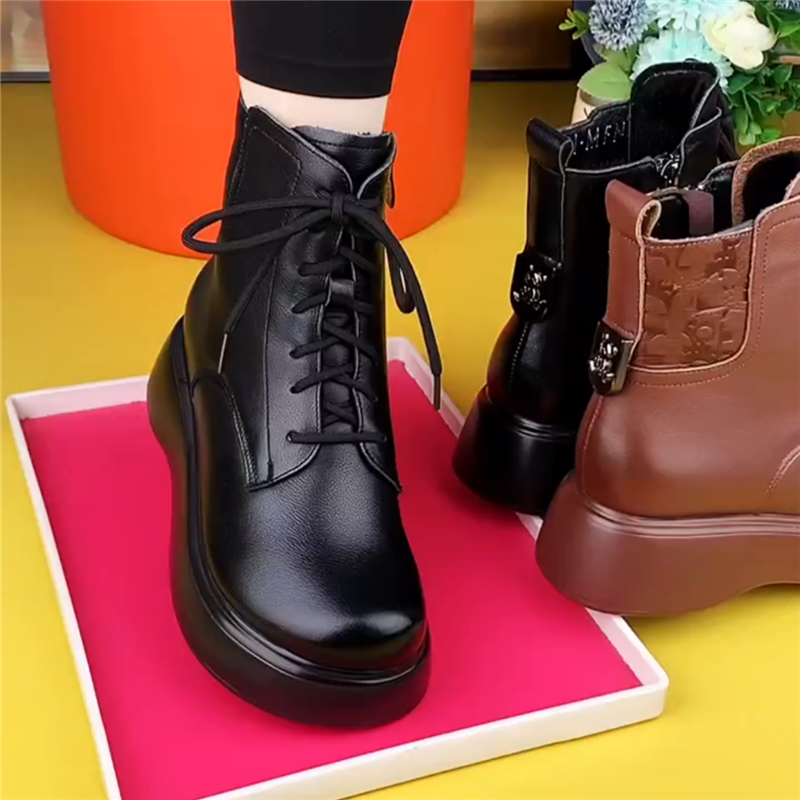 马丁靴女真皮圆头松糕厚底靴子女棉鞋女冬加绒舒适软皮软底短靴女