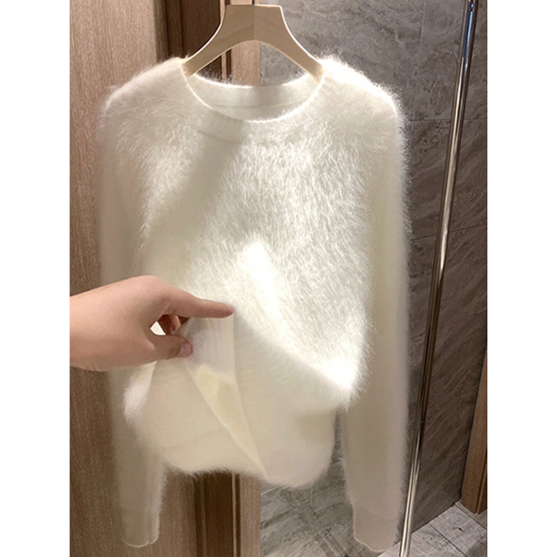 奶fufu软糯白色水貂绒圆领毛衣女春秋季加厚慵懒风内搭针织衫上衣