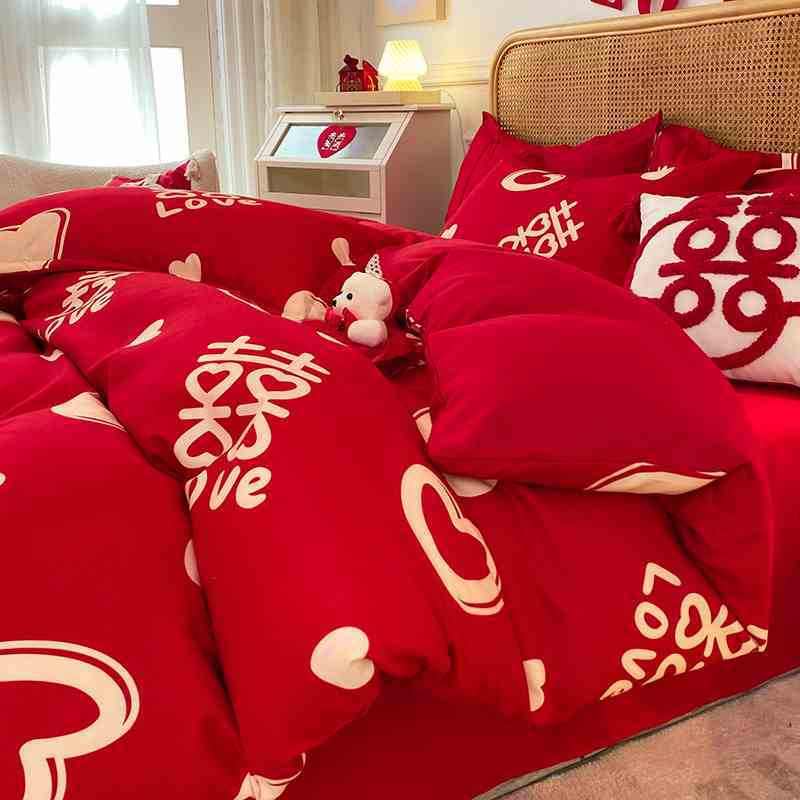 婚庆床上四件套大红色结婚房喜被磨毛床单被套婚嫁非全棉纯棉床品