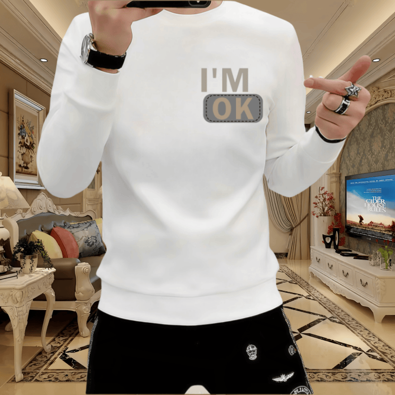 欧洲站男士潮流圆领套头白色卫衣时尚百搭修身新款英文印花秋冬季