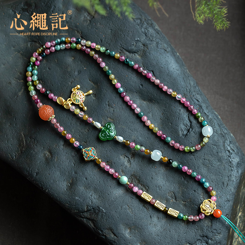 碧玺多宝链毛衣链唐卡女项链长非金属布艺吊坠绳彩色民族风长款链