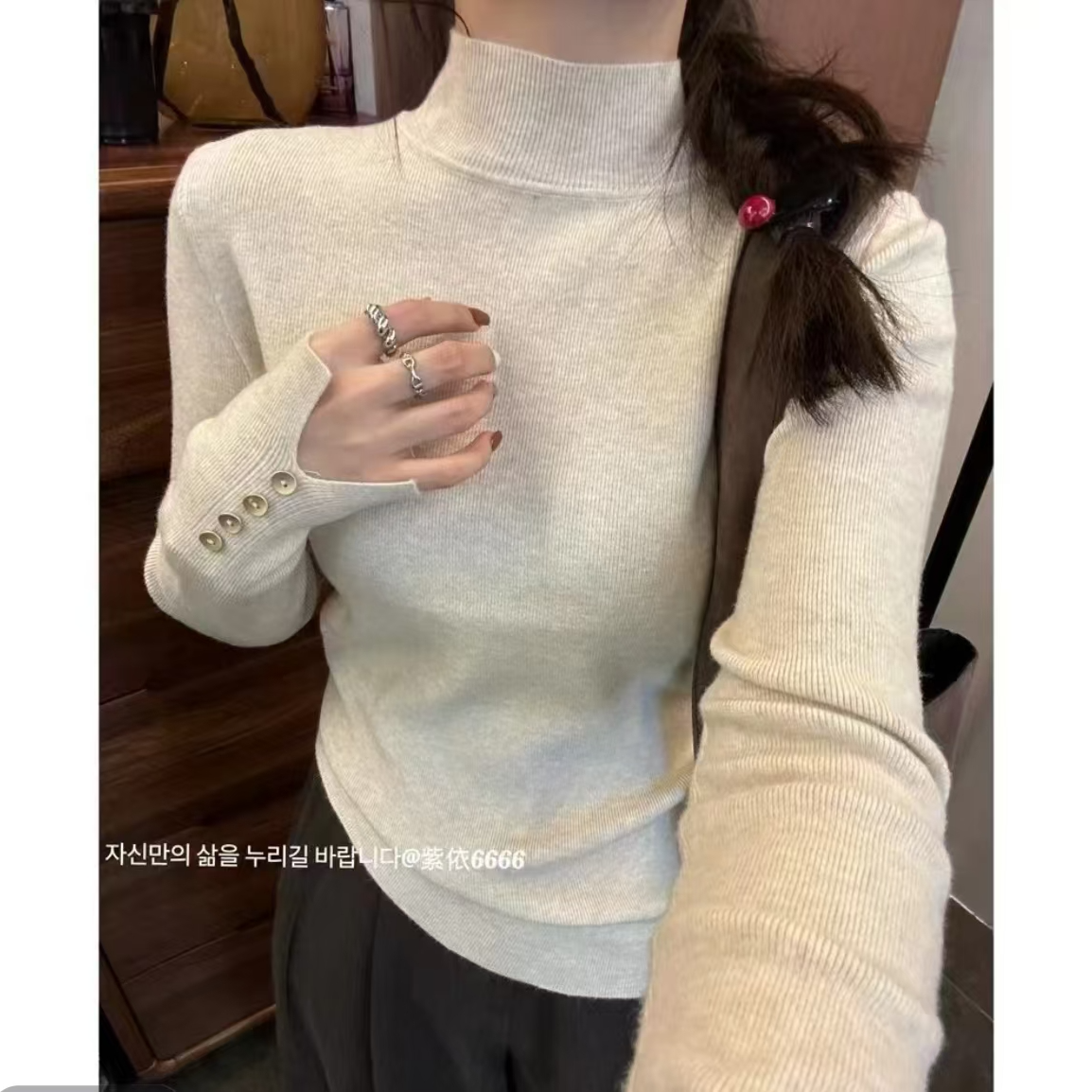 2024秋冬季新款纽扣半高领针织衫毛衣女打底衫半高领毛衫 E22-16