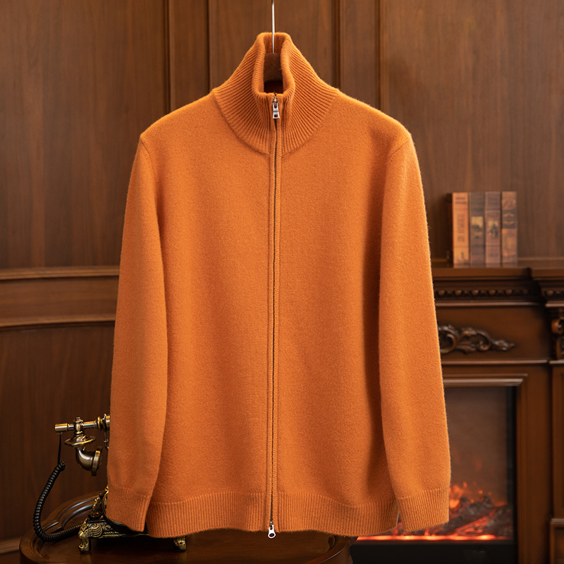 【ZHENCAN】100%纯山羊绒男士加厚高领可翻领净面双拉链男外套开衫
