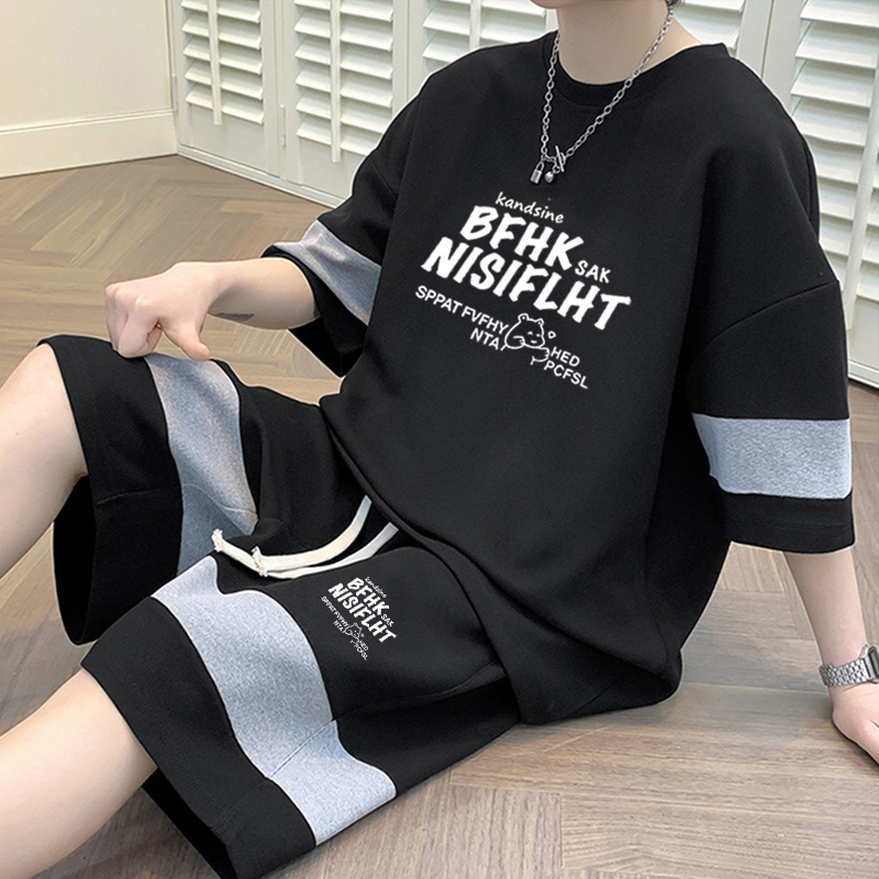 夏季华夫格短袖短裤休闲套装潮流拼接T恤ins港风宽松大码运动男装