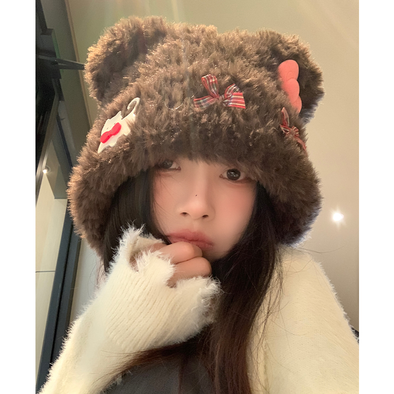 可爱蝴蝶结小熊猫咪毛绒帽女秋冬显脸小保暖护耳雷锋帽大头围帽子