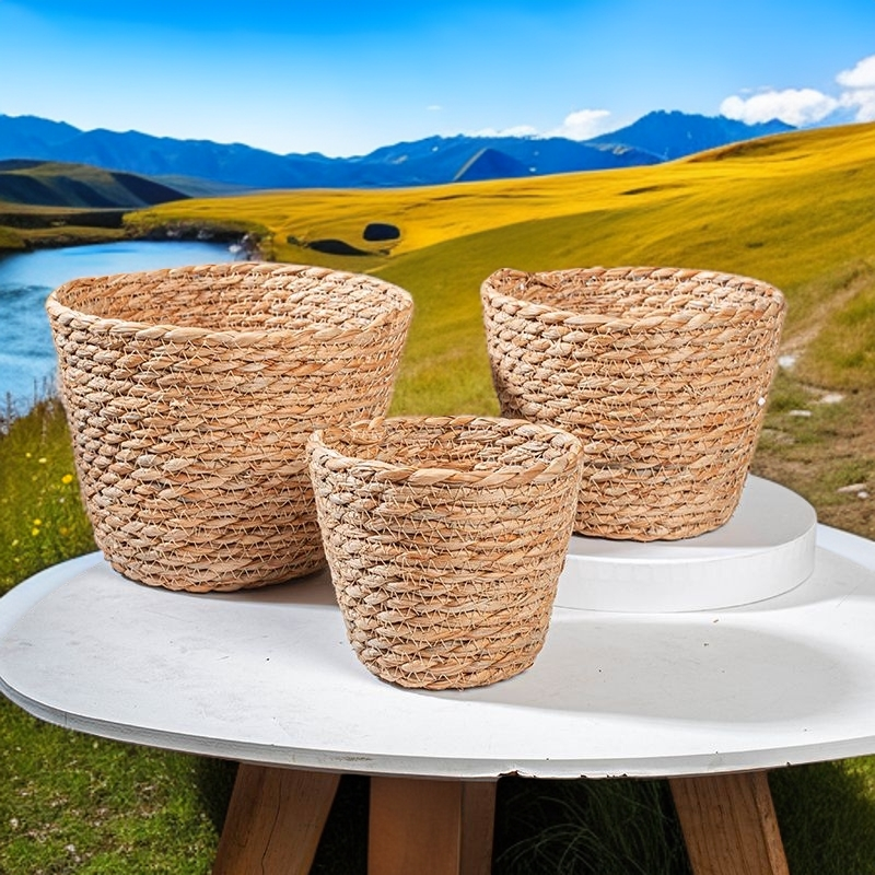 草编鲜花插花桶编织筐花盆套手工草编藤编桌面杂物篮储物北欧创意
