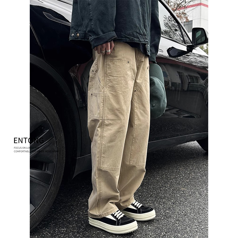 Entong美式复古休闲工装裤男生潮流痞帅直筒伐木裤子宽松牛仔裤男