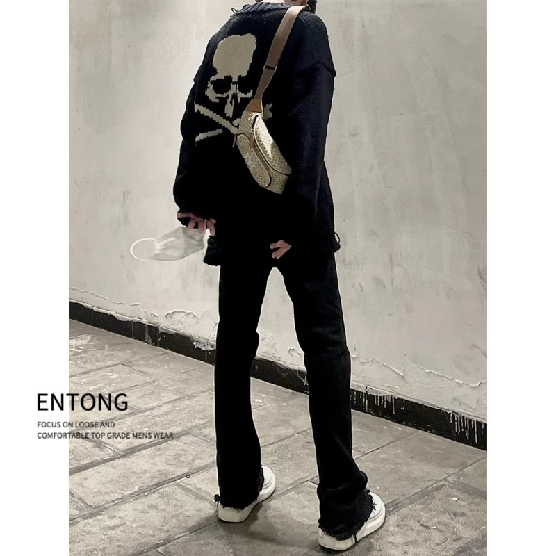 Entong美式大码裤子高街潮牌黑色牛仔裤男直筒cleanfit微喇叭裤子