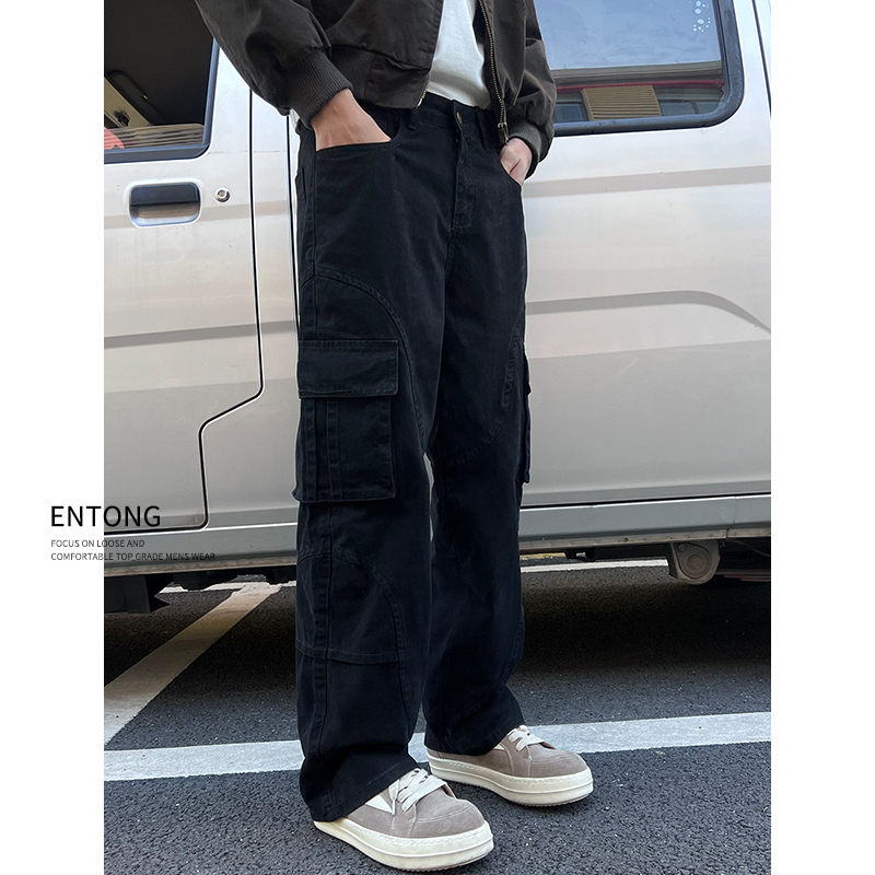Entong美式复古水洗多口袋工装裤男生街头做旧黑色直筒宽松裤子潮