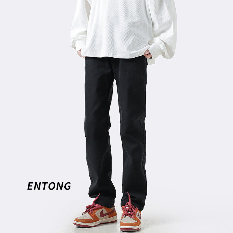 Entong秋冬美式vibe裤子男高街黑色牛仔裤男款加绒宽松窄版直筒裤