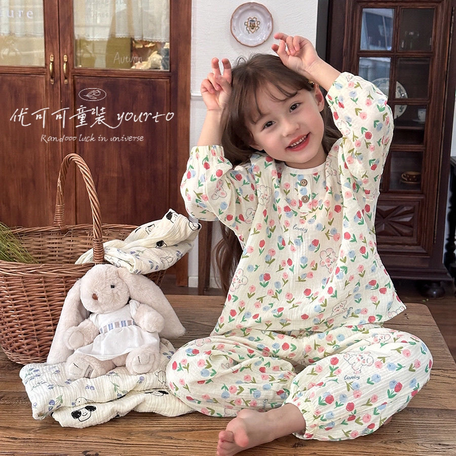 儿童家居服套装2025新款春秋睡衣女童卡通宽松夏季儿童长袖空调服