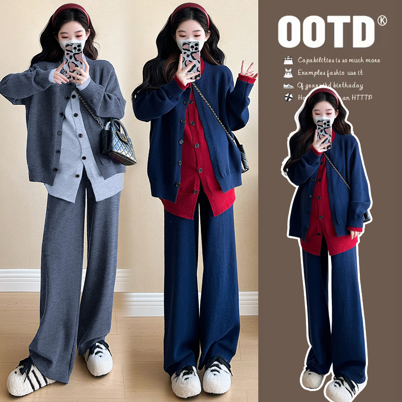 孕妇秋冬套装简约撞色拼接假两件阔腿针织长裤春秋款两件套潮