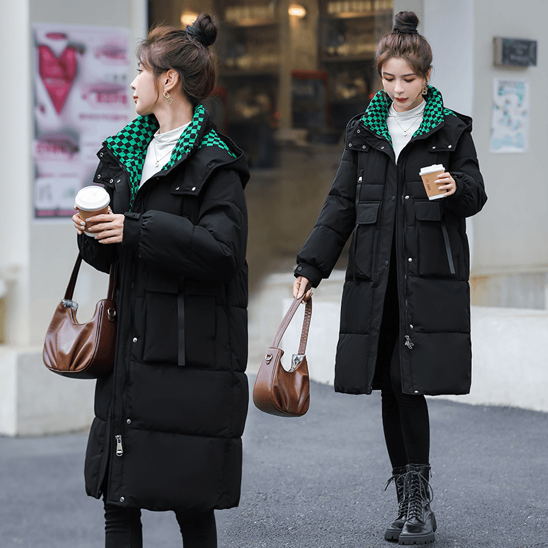韩版大码棉衣中长款棉服女冬季新款时尚保暖拼色加厚冬装宽松外套