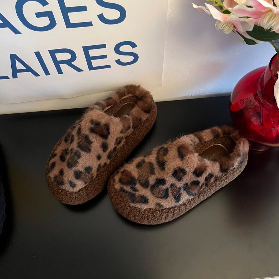 【高货】豹纹毛毛拖鞋女户外穿百搭韩版潮鞋秋冬季简约厚底棉拖鞋