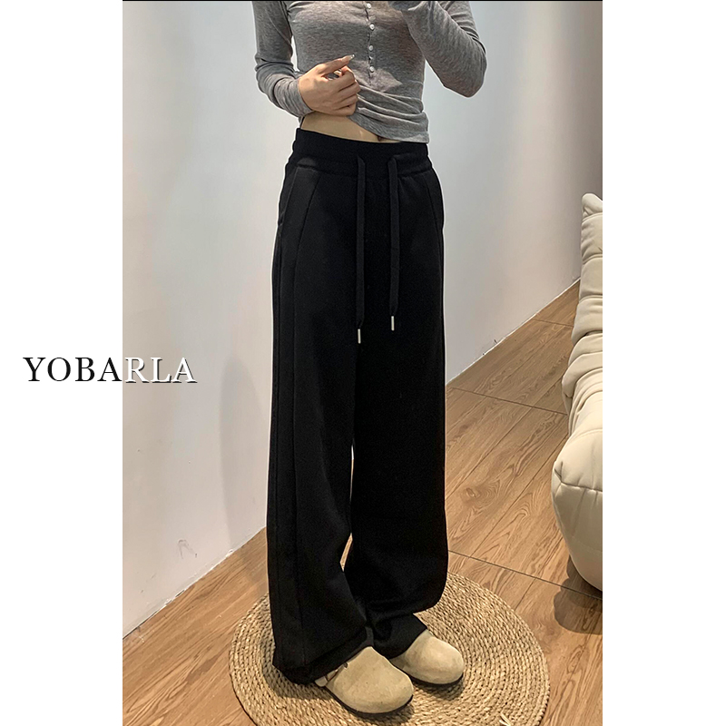 黑色运动休闲裤女冬季加绒胖mm大码梨形身材宽松显瘦垂感直筒卫裤