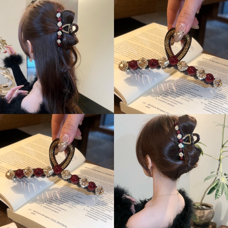秋冬新款石榴珠珠方糖抓夹安哥拉红气质发卡鲨鱼夹马尾夹发饰