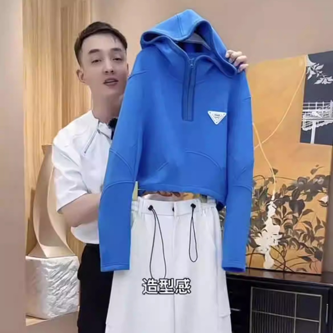 休闲运动直筒裤套装女高级感穿搭卡布里蓝弯刀袖时尚休闲连帽卫衣