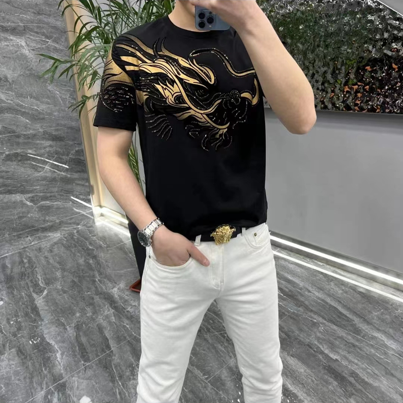 短袖T恤男夏季新款轻奢高端烫钻圆领半袖时尚休闲百搭帅气体恤潮