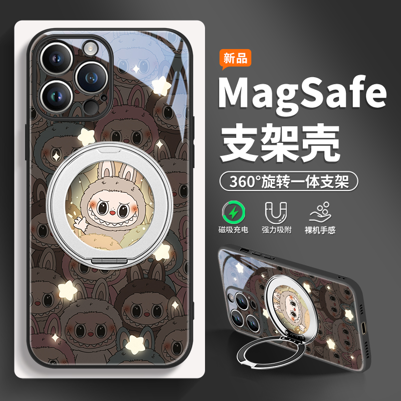 发光labubu适用苹果17promax手机壳16旋转支架14plus支点13磁吸15