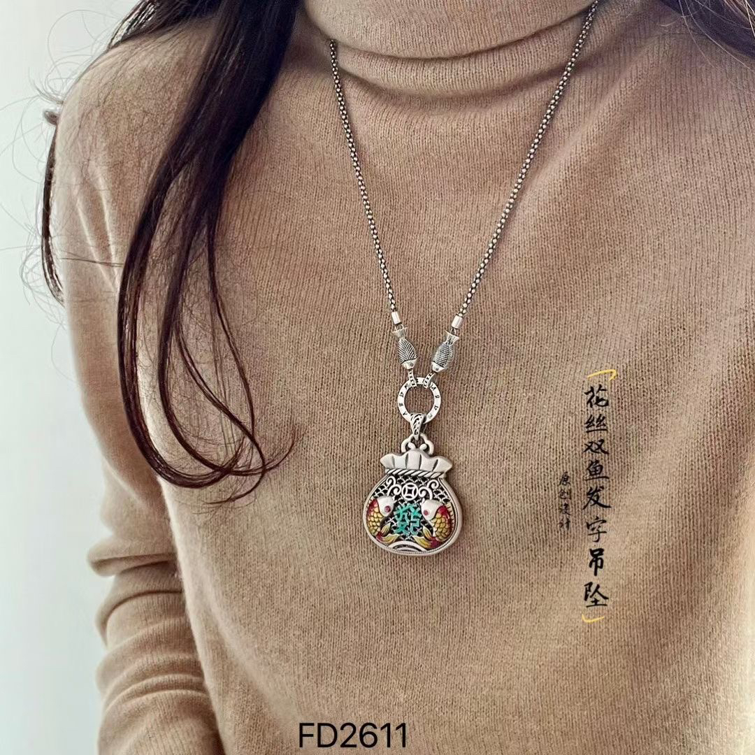 吊坠足银珐琅 【七牌银楼】纯银手工时尚双鱼福袋项链毛衣链百搭