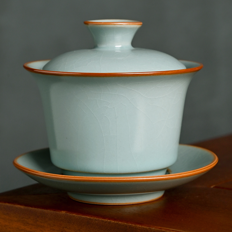 天青汝窑盖碗功夫茶具家用陶瓷开片可养汝瓷泡茶碗中式敬茶杯带盖