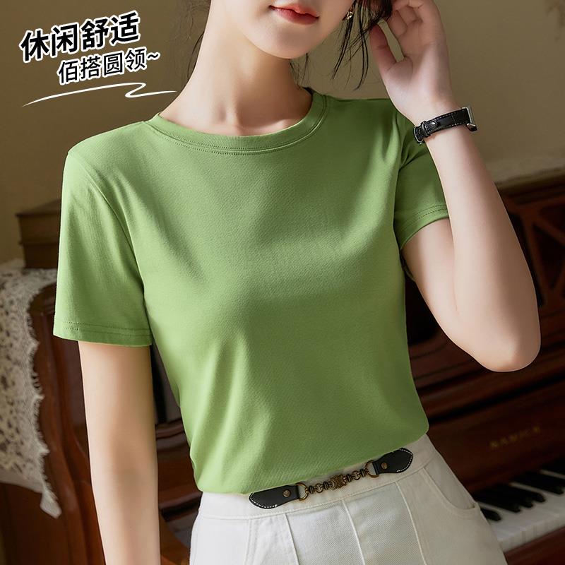 浅绿色t恤女夏季2025新款圆领短袖休闲体恤柔软舒适今年流行上衣