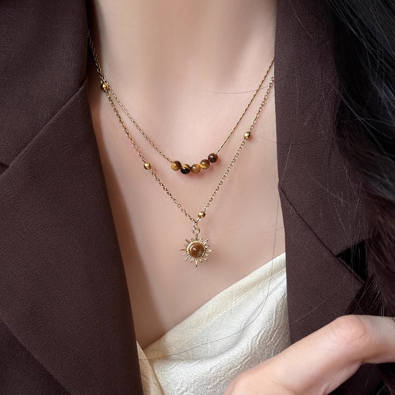 铜合金项链 复古虎眼石项链女高级感轻奢小众叠戴毛衣链秋冬配饰