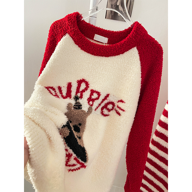 【撞色圣诞】条纹针织半边绒睡衣女冬天加厚保暖家居服套装可出门