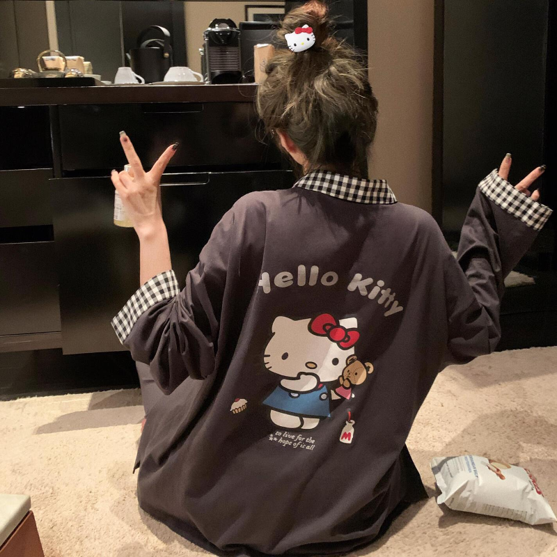 Hello Kitty印花长袖睡衣女款春秋款新款开衫长裤家居服大码套装