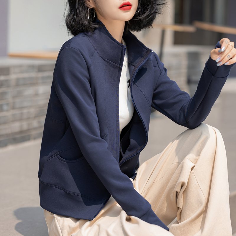 立领卫衣外套2025新款女春秋运动正肩修身显瘦开衫灰色鱼骨上衣潮