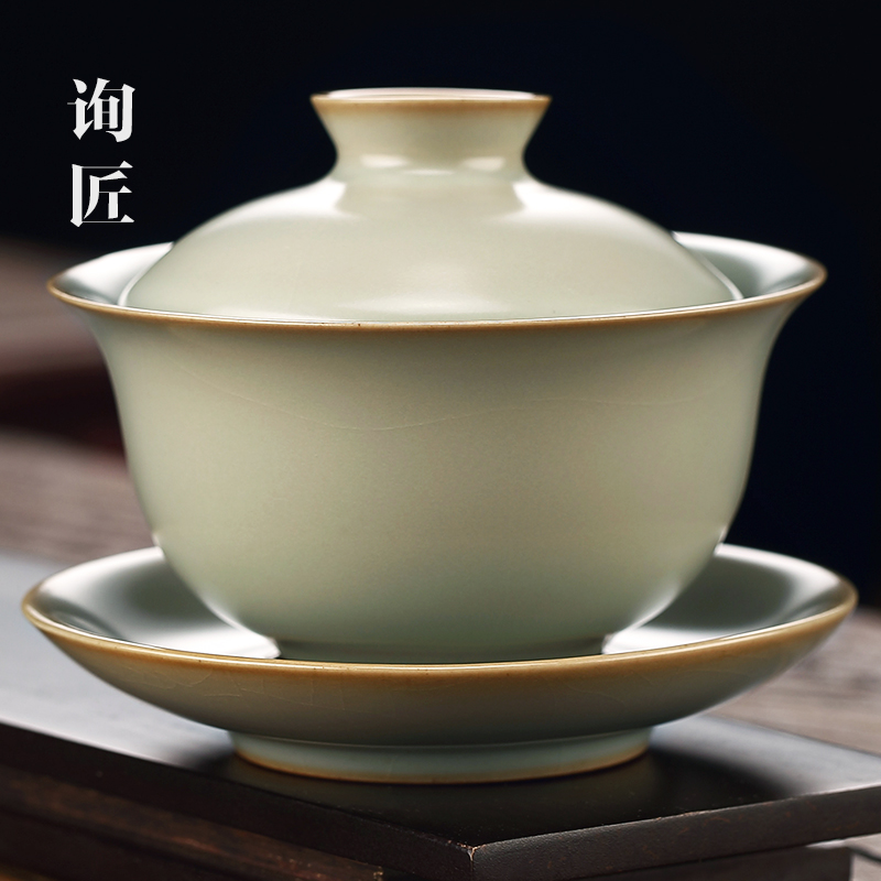 景德镇汝窑三才盖碗茶具茶杯纯手工大号陶瓷泡茶碗不烫手单个功夫