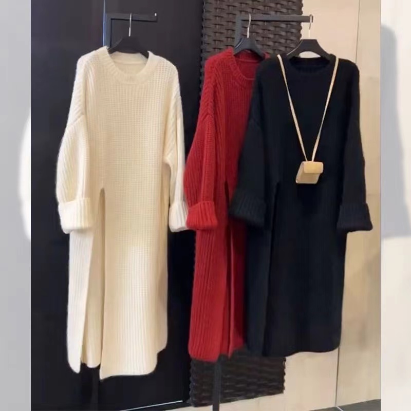 慵懒风法式毛衣裙女2024秋冬季新款套头开叉过膝中长款针织连衣裙