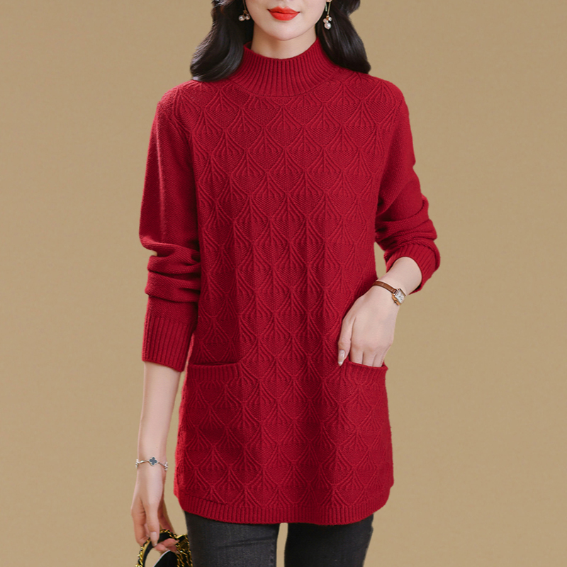 秋冬高档洋气大码宽松加厚毛衣女套头中长款百搭半高领针织打底衫