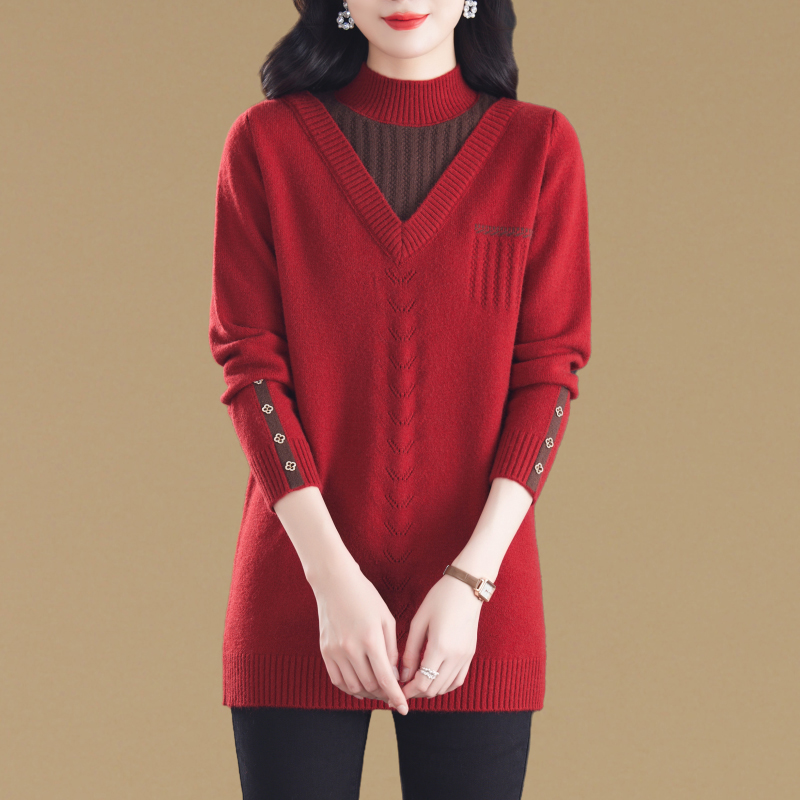 秋冬大码宽松半高领毛衣女中长款遮屁股假两件洋气内搭针织打底衫