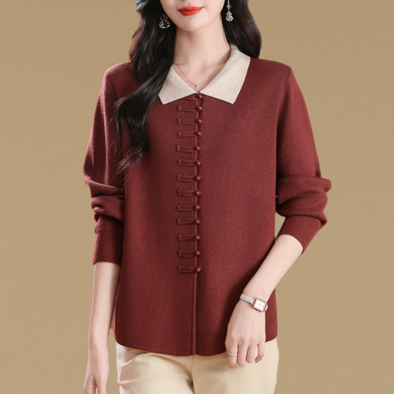 新中式盘扣高级感上衣女翻领毛衣2025秋冬新款时尚洋气针织打底衫