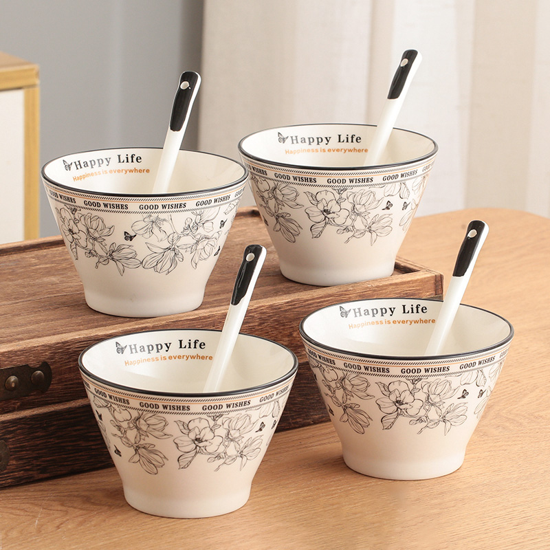 法式小香风白玉兰陶瓷餐具斗笠碗米饭碗加厚加高4碗4勺