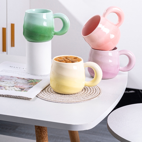 ins风渐变螺纹陶瓷杯高颜值网红咖啡马卡龙可爱牛奶杯早餐杯