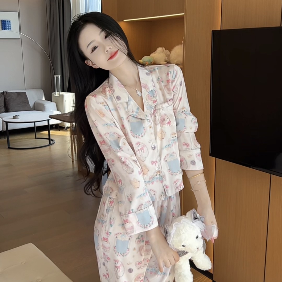 春秋气质精休闲长袖睡衣女春秋家居服显瘦可外穿可爱简约开衫套装