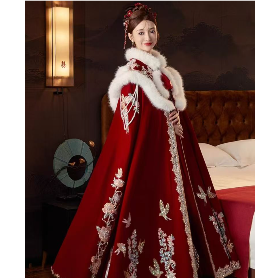 斗篷秀禾服披风新娘婚礼中式结婚毛披肩冬季毛领加厚汉服保暖红色