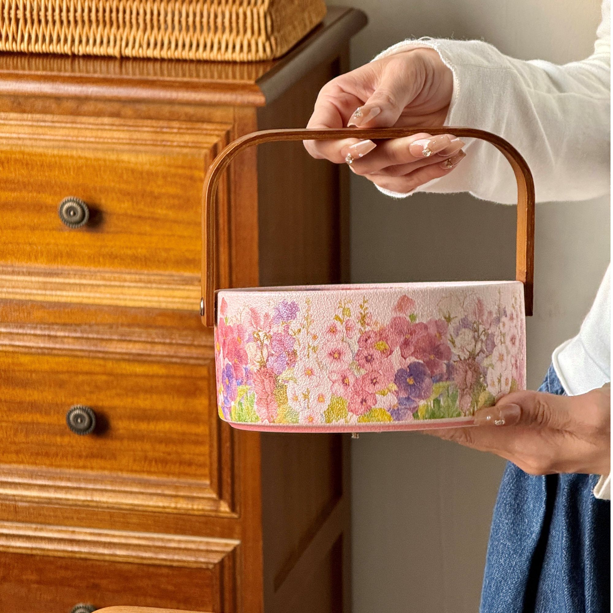 《华典》繁花似锦粉色—6英寸水果提篮野餐手提创意风格沙拉碗