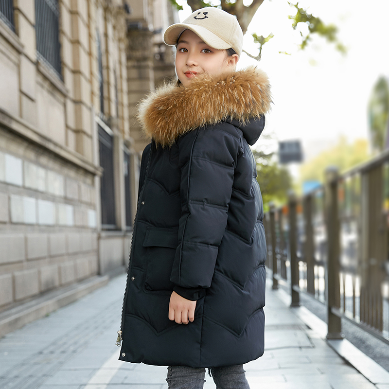 巴拉中大童儿童羽绒服加厚中长款2025韩版大毛领加厚保暖羽绒服