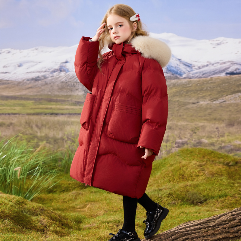 女童中长款羽绒服2024冬装新款儿童白鸭绒过节衣服大毛领洋气外套