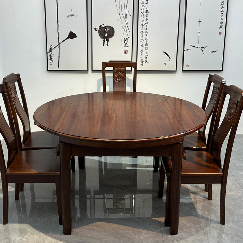 乌金木餐桌家用方圆两用可伸缩吃饭桌简约现代新中式全实木餐桌椅