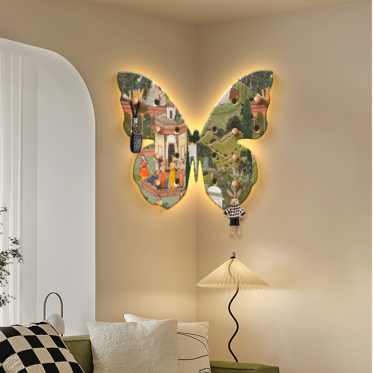 中古风蝴蝶转角客厅装饰画复古洞洞板置物架挂画灯画玄关拐角壁画