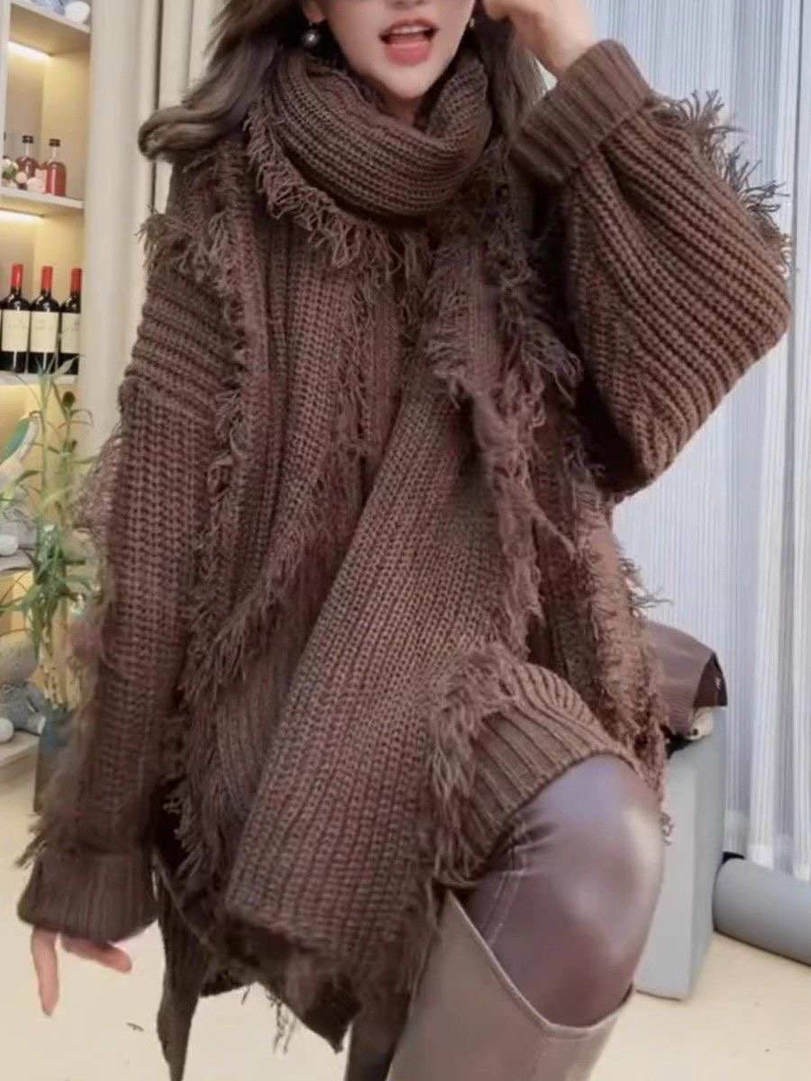 厂家直销胖mm秋冬重工新款流苏毛衣围巾两件套宽松慵懒开叉上衣潮