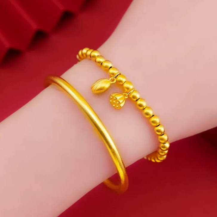 铜合金手链 高定素圈手镯女款金色两世欢莲子手链轻奢时尚镯子潮