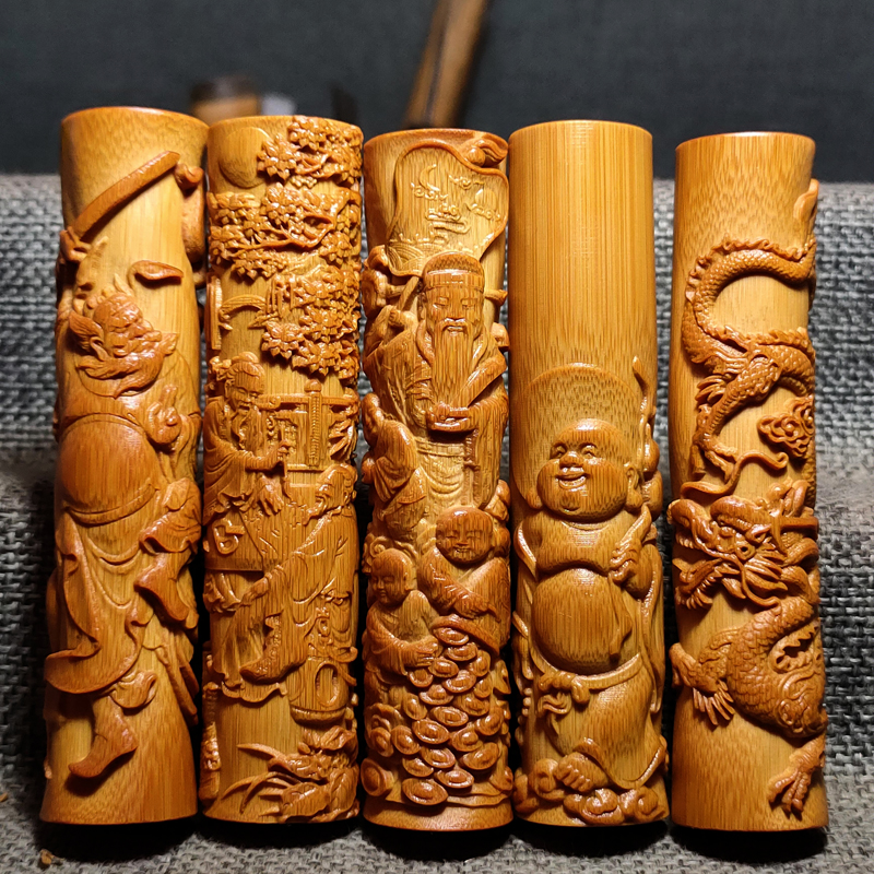 实心竹浮雕雕刻钟馗瑞兽貔貅手把件高密度老玉竹雕刻挂件吊坠文玩