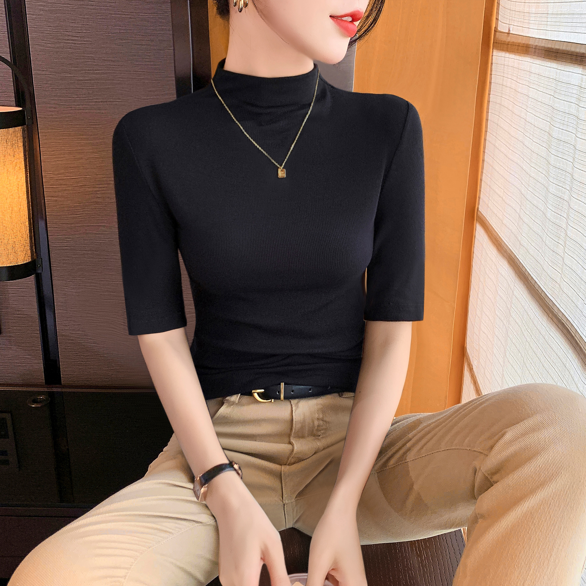 螺纹半高领中袖t恤女2025新款外穿早秋半袖五分袖打底衫内搭上衣